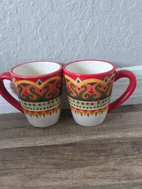 Corsica Tivoli Lot Of 2 Handpained Decorative Ceramic Mugs w/ Multicolor Pattern